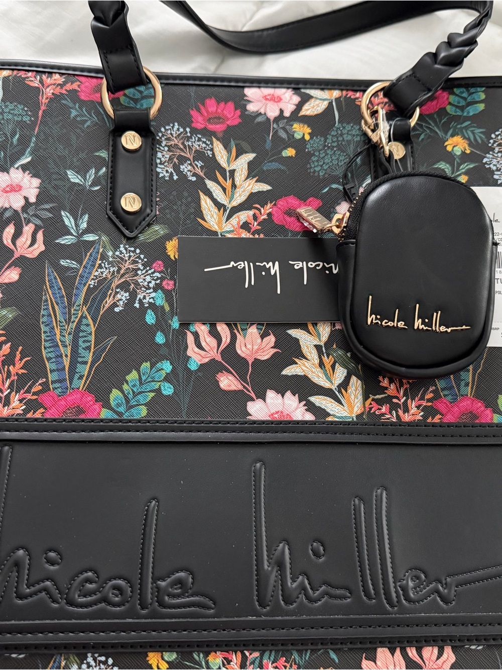 Nicole Miller Black Floral Tote with Coin Pouch